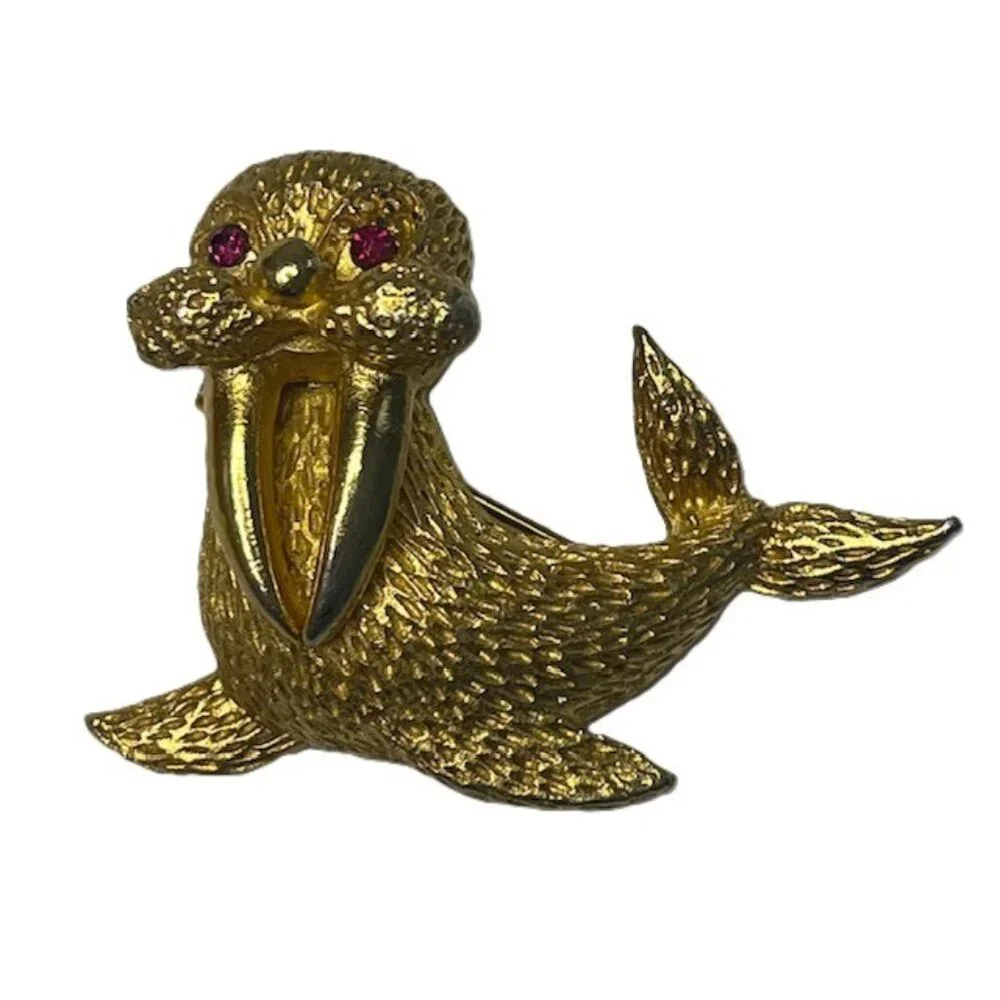 Walrus Brooch Gold Tone Pink Gem Rhinestone Eyes Marine Sea Life Figural Pin
